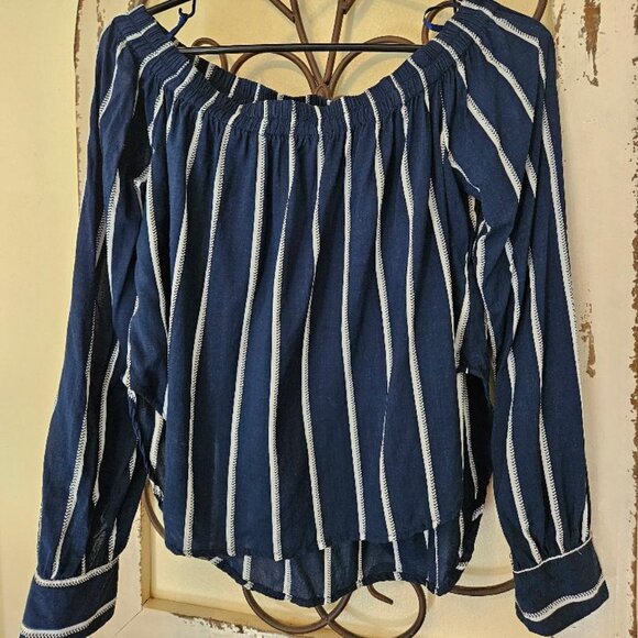 Women`s FAITHFULL THE BRAND striped navy and white off the shoulder Blouse - Picture 1 of 9